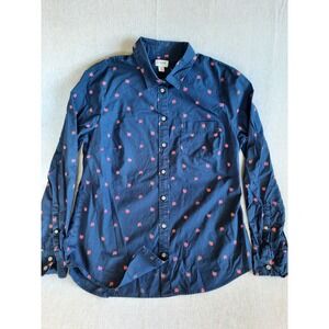 J. Crew Women Medium Apple Fruits Allover Print Pocket Button Shirt LS Navy Blue